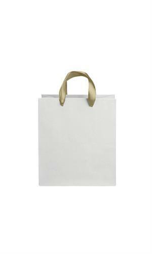 Paper Bags 100 White Shopping Gold Ribbon Handles 8 ¼” X 4 ¾” X 10 ½”