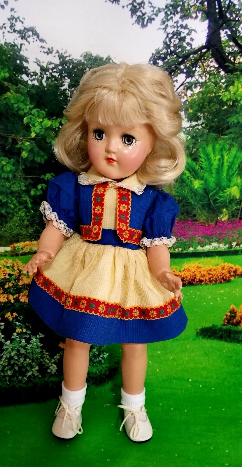 Ideal 14" Toni~p90~blonde Doll In Original Blue And Cream Dress~very Sweet