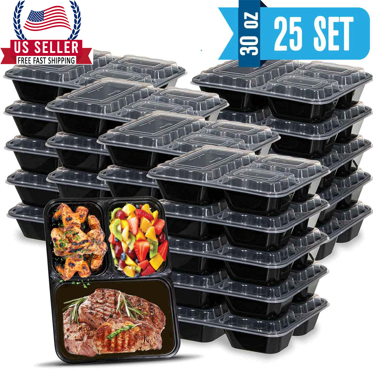 50pcs  30oz Meal Prep Containers  3 Compartment With Lid.food Storage  25 Set