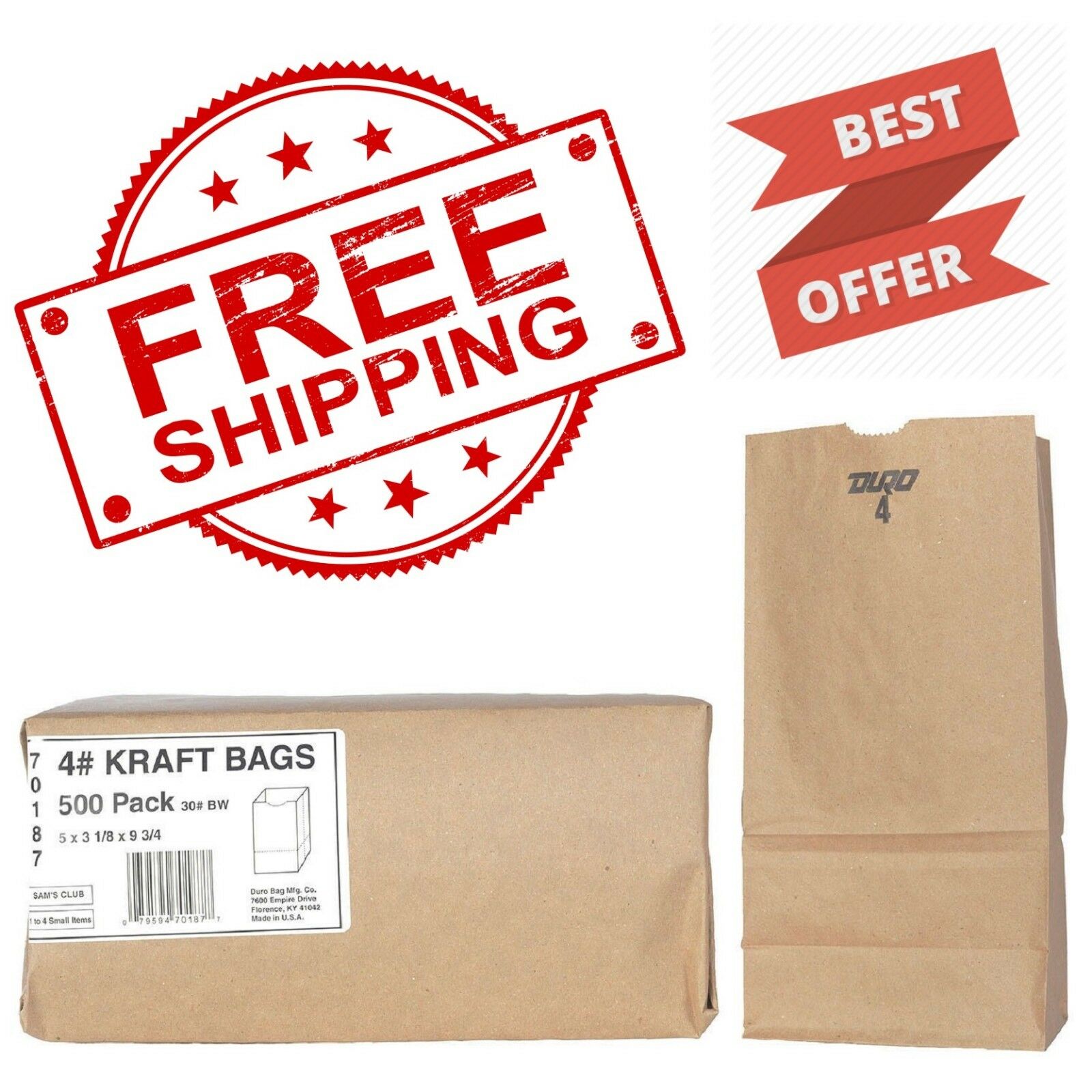 Duro Bag #4 Brown Kraft 500 Ct. Paper Grocery Bags Sack Lunch Merchandise