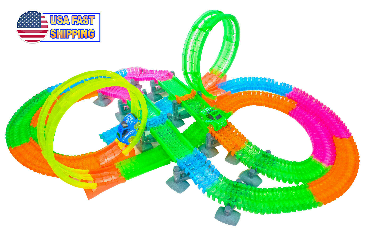 Magical Twisting Glow In The Dark Light Up Race Car Tracks Ultimate 2 Loop Track