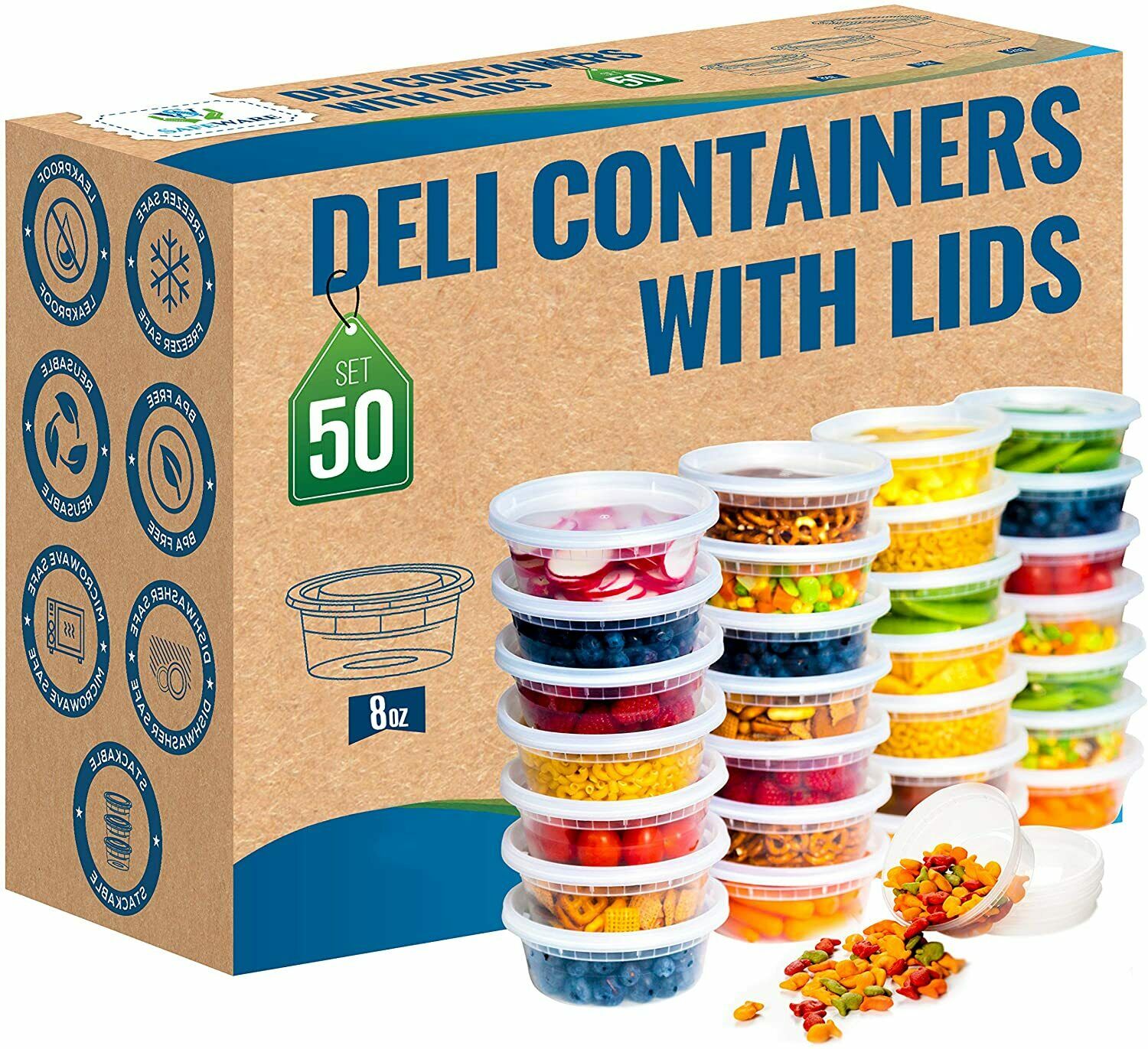 [50set-8oz]- Heavy Duty Small Round Deli Food/soup Plastic Containers Lids.