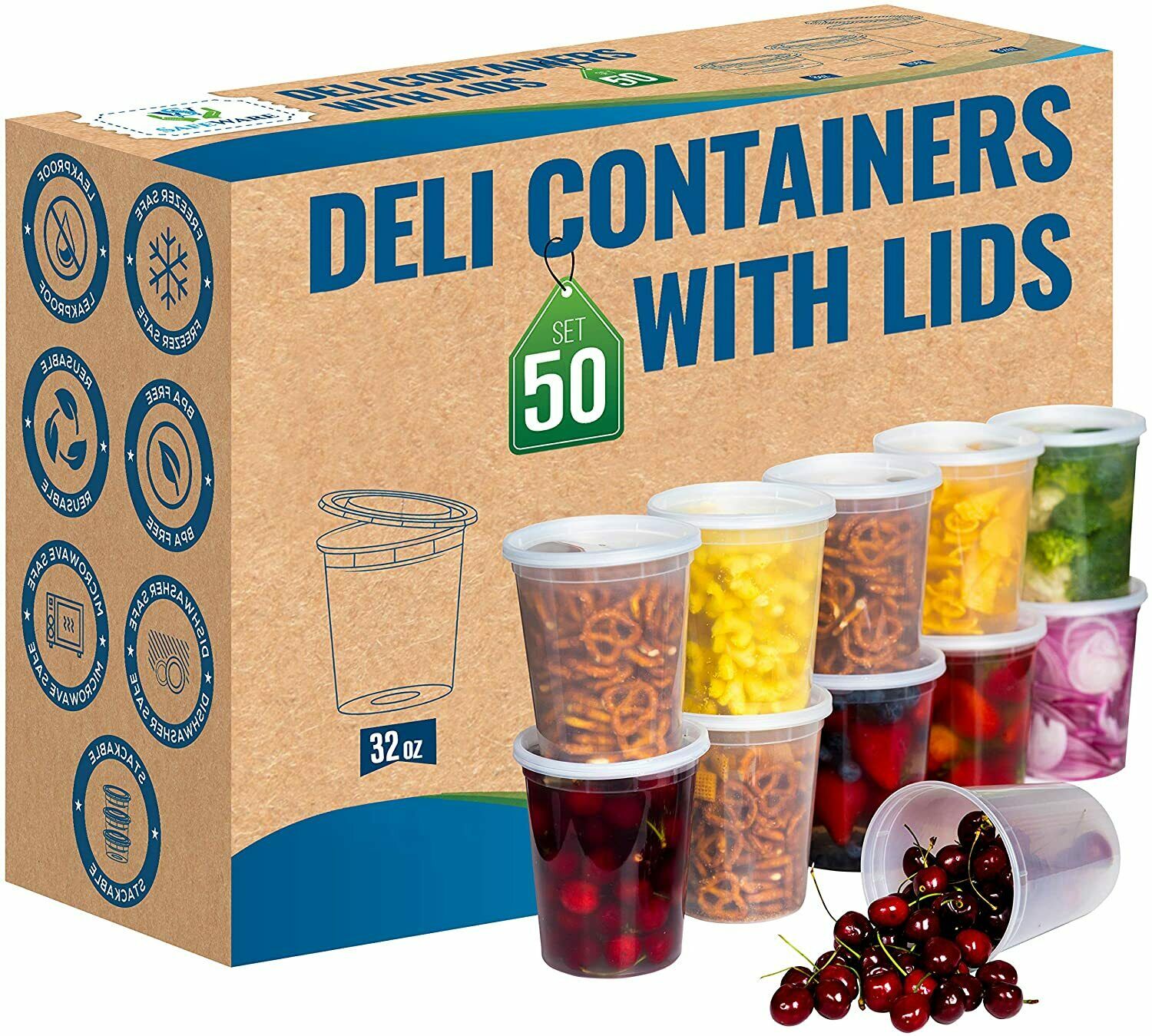 [50 Set] 32 Oz Heavy Duty Deli Food/soup Plastic Containers W/ Lids And Airtight